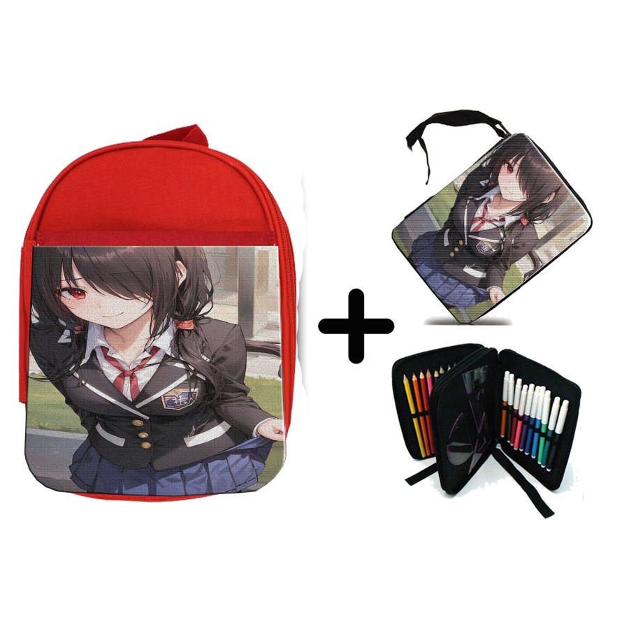 PACK MOCHILA ROJA Y ESTUCHE date a live kurumi casual ropa moderna material escolar