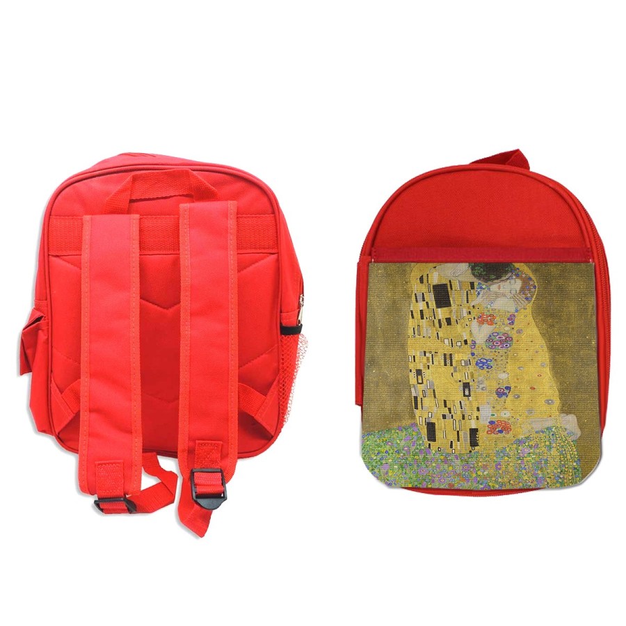 PACK MOCHILA ROJA Y ESTUCHE cuadro el beso Gustav Klint pintor clasico pintura material escolar