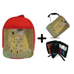 PACK MOCHILA ROJA Y ESTUCHE cuadro el beso Gustav Klint pintor clasico pintura material escolar