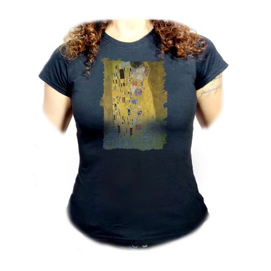 CAMISETA NEGRA MUJER cuadro el beso Gustav Klint pintor clasico pintura oferta personalizada