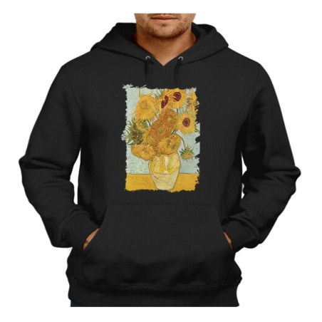 SUDADERA NEGRA CON CAPUCHA cuadro los girasoles Vincent van Gogh pintor adulto poliester algodón personalizada