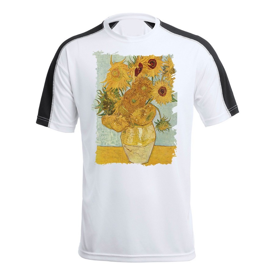 CAMISETA TÉCNICA FRANJA MANGAS NEGRA cuadro los girasoles Vincent van Gogh pintor personalizada