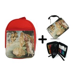 PACK MOCHILA ROJA Y ESTUCHE cuadro el nacimiento de Venus Sandro Botticelli pintor material escolar