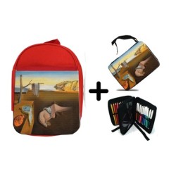 PACK MOCHILA ROJA Y ESTUCHE cuadro la persistencia de la memoria Salvador Dalí pintor material escolar