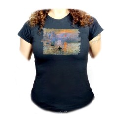 CAMISETA NEGRA MUJER cuadro impresión sol naciente Claude Monet pintor oferta personalizada
