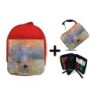 PACK MOCHILA ROJA Y ESTUCHE cuadro impresión sol naciente Claude Monet pintor material escolar