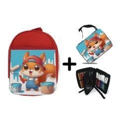 PACK MOCHILA ROJA Y ESTUCHE ardilla pintora profesion animal pintura mascota material escolar