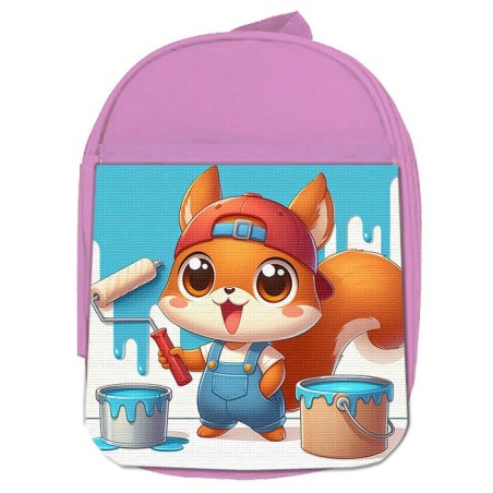 MOCHILA ROSA ardilla pintora profesion animal pintura mascota escolar personalizado picnic excursión deporte