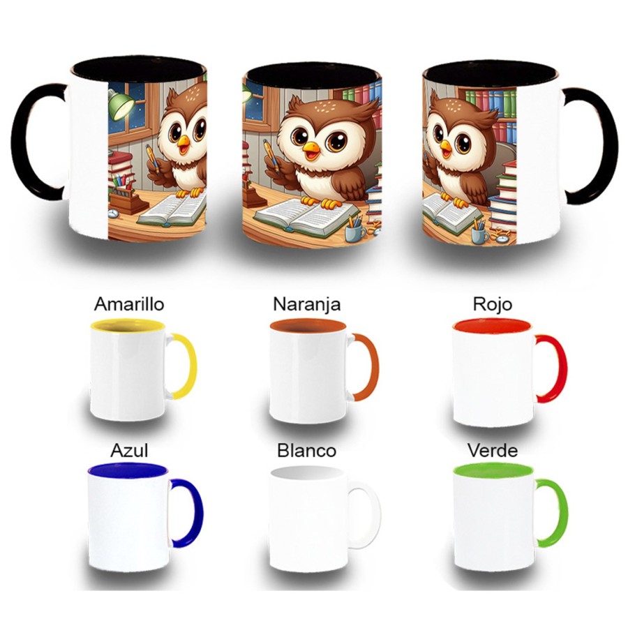 TAZA COLORES buho escritor profesion animal libros biblioteca color personalizada