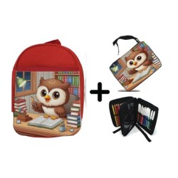 PACK MOCHILA ROJA Y ESTUCHE buho escritor profesion animal libros biblioteca material escolar