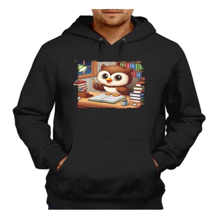 SUDADERA NEGRA CON CAPUCHA buho escritor profesion animal libros biblioteca adulto poliester algodón personalizada