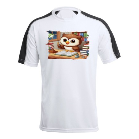 CAMISETA TÉCNICA FRANJA MANGAS NEGRA buho escritor profesion animal libros biblioteca personalizada