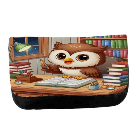 ESTUCHE NECESER DE LONA buho escritor profesion animal libros biblioteca unisex negro bolsa aseo multiusos