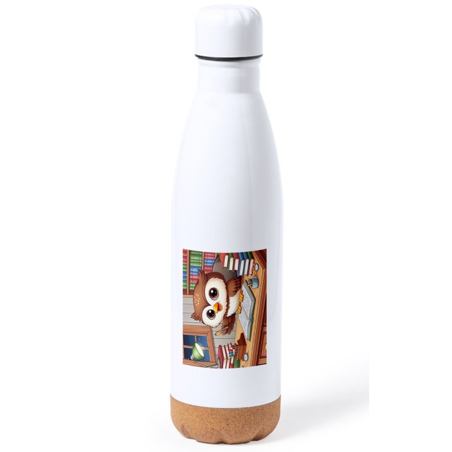 BIDON 750 ML ACERO INOXIDABLE ADORNO DE CORCHO buho escritor profesion animal libros biblioteca tapon botella