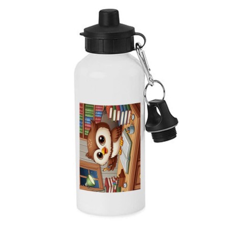 BIDON 600 ML ACERO INOXIDABLE CON CHUPON buho escritor profesion animal libros biblioteca escolar deporte bicicleta