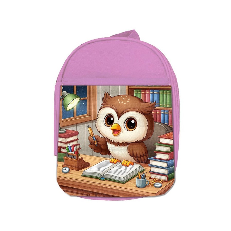 MOCHILA ROSA buho escritor profesion animal libros biblioteca escolar personalizado picnic excursión deporte