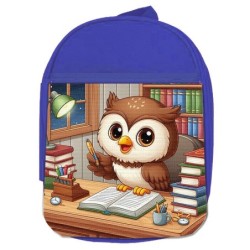 MOCHILA AZUL buho escritor profesion animal libros biblioteca escolar personalizado picnic excursión deporte