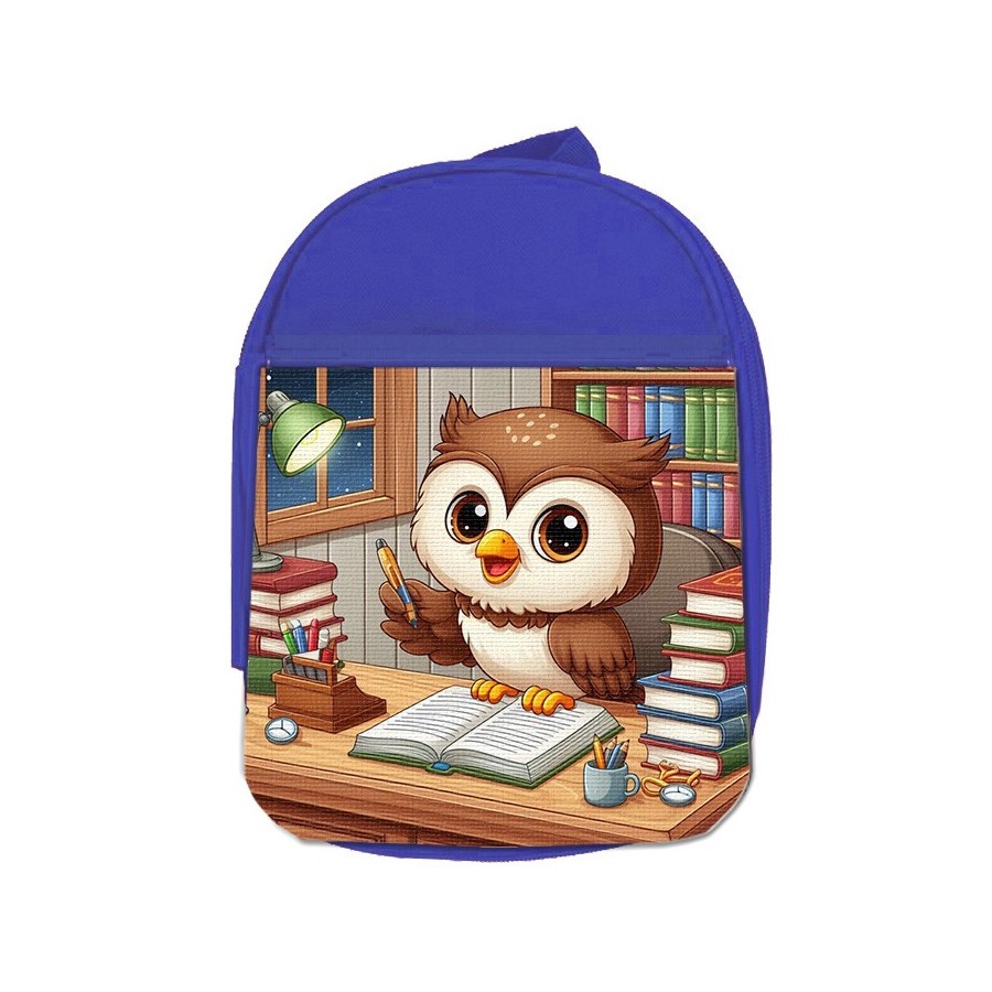 MOCHILA AZUL buho escritor profesion animal libros biblioteca escolar personalizado picnic excursión deporte