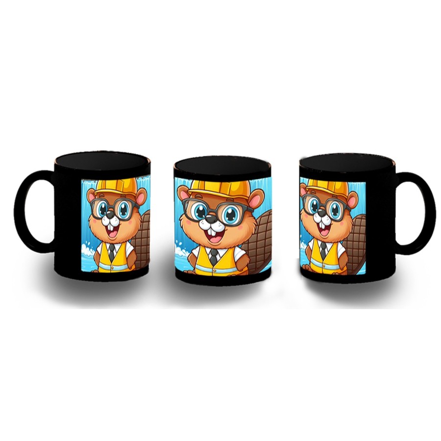 TAZA COMPLETAMENTE NEGRA castor ingeniero profesion animal presa rio agua personalizada