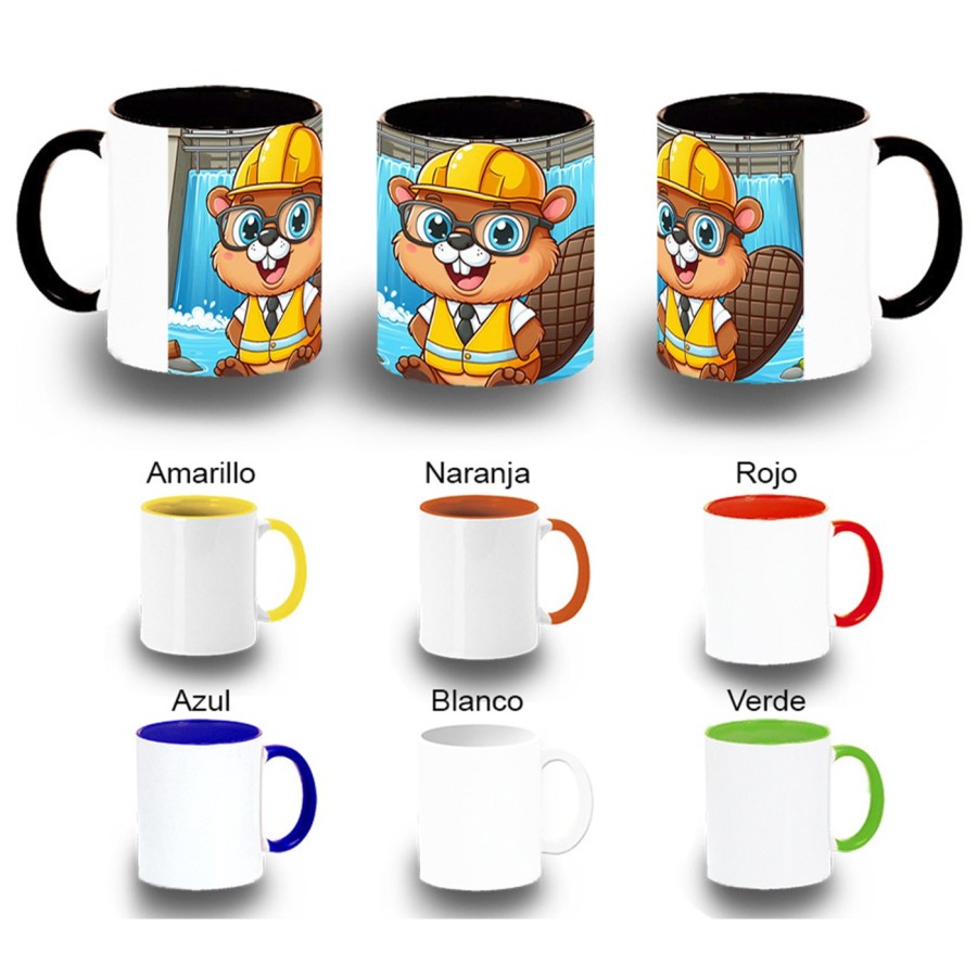 TAZA COLORES castor ingeniero profesion animal presa rio agua color personalizada