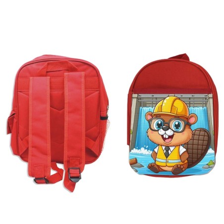 MOCHILA ROJA castor ingeniero profesion animal presa rio agua escolar personalizado