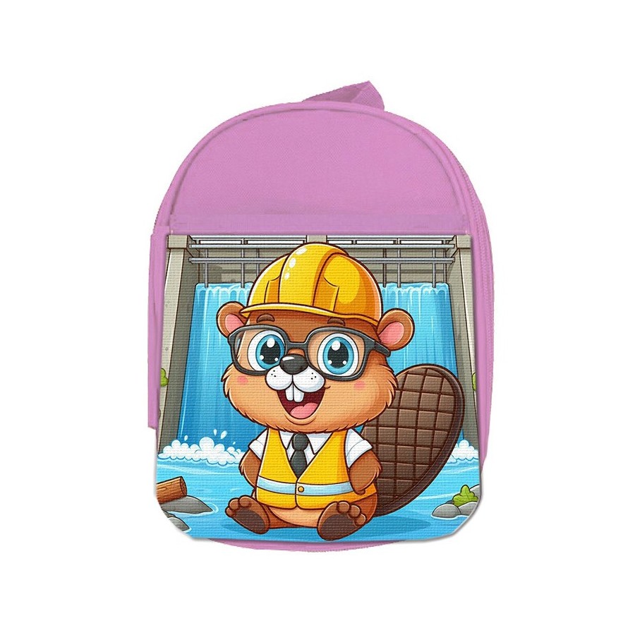 MOCHILA ROSA castor ingeniero profesion animal presa rio agua escolar personalizado picnic excursión deporte