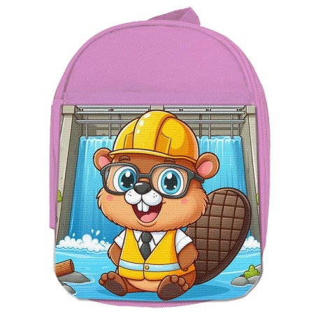 MOCHILA ROSA castor ingeniero profesion animal presa rio agua escolar personalizado picnic excursión deporte