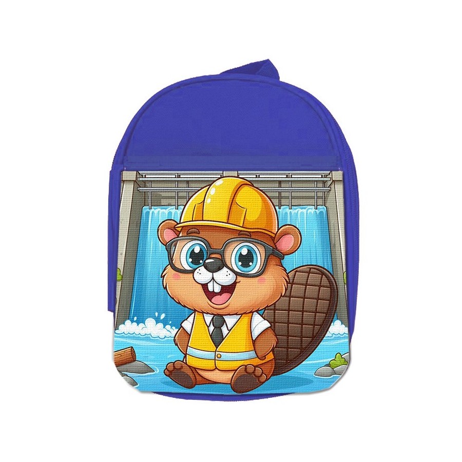 MOCHILA AZUL castor ingeniero profesion animal presa rio agua escolar personalizado picnic excursión deporte