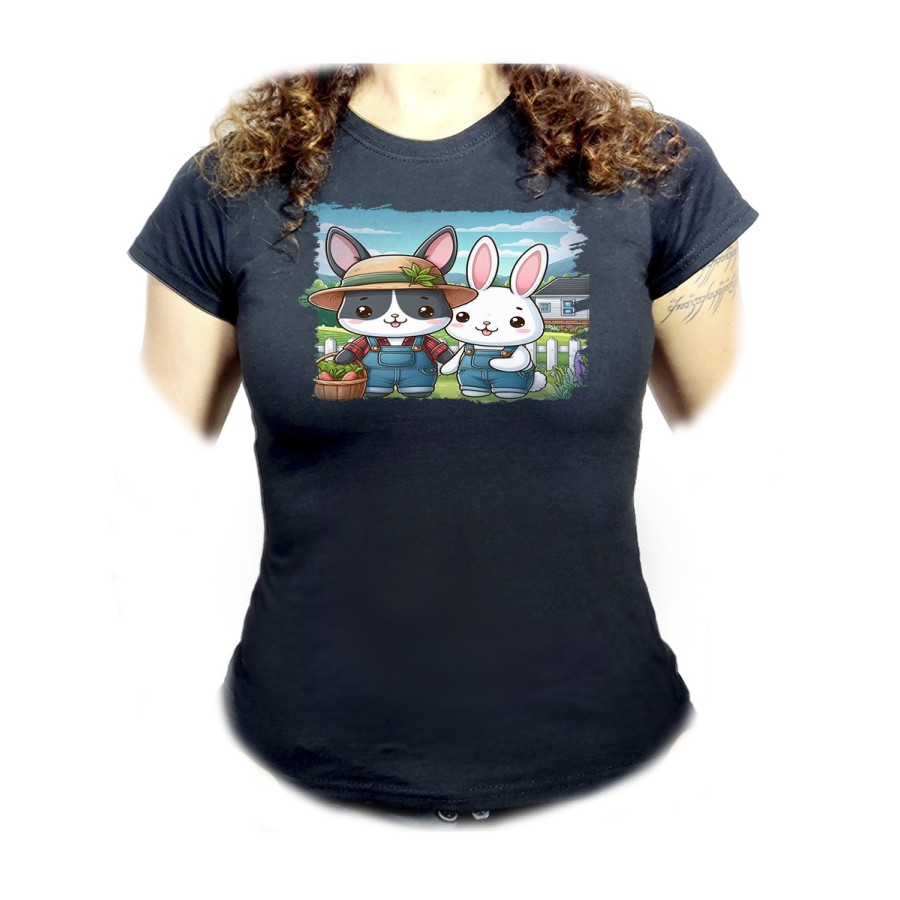 CAMISETA NEGRA MUJER conejo familia profesion granjero rancho animales oferta personalizada