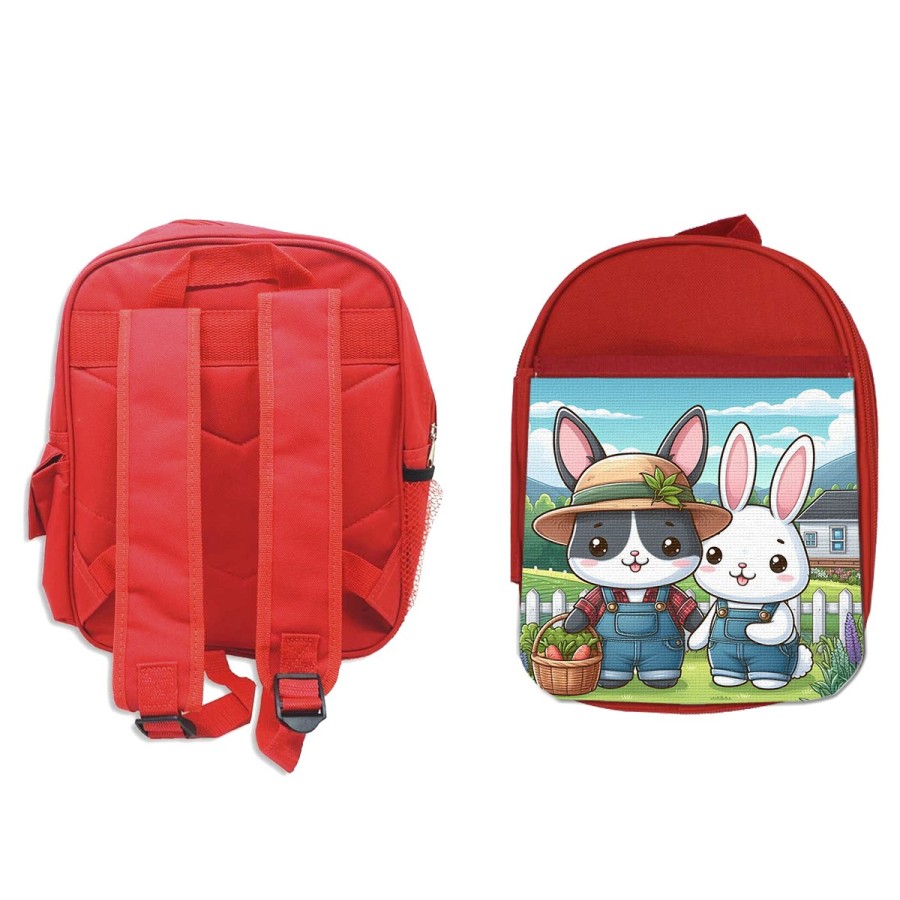 MOCHILA ROJA conejo familia profesion granjero rancho animales escolar personalizado