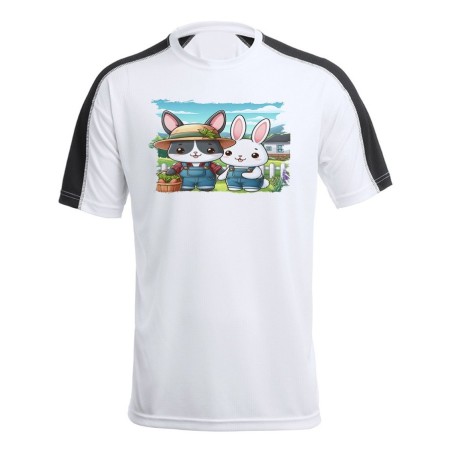 CAMISETA TÉCNICA FRANJA MANGAS NEGRA conejo familia profesion granjero rancho animales personalizada