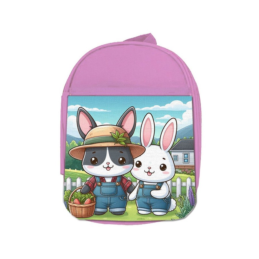 MOCHILA ROSA conejo familia profesion granjero rancho animales escolar personalizado picnic excursión deporte