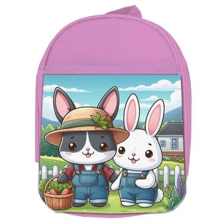 MOCHILA ROSA conejo familia profesion granjero rancho animales escolar personalizado picnic excursión deporte