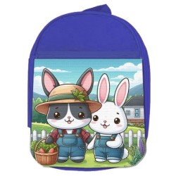 MOCHILA AZUL conejo familia profesion granjero rancho animales escolar personalizado picnic excursión deporte