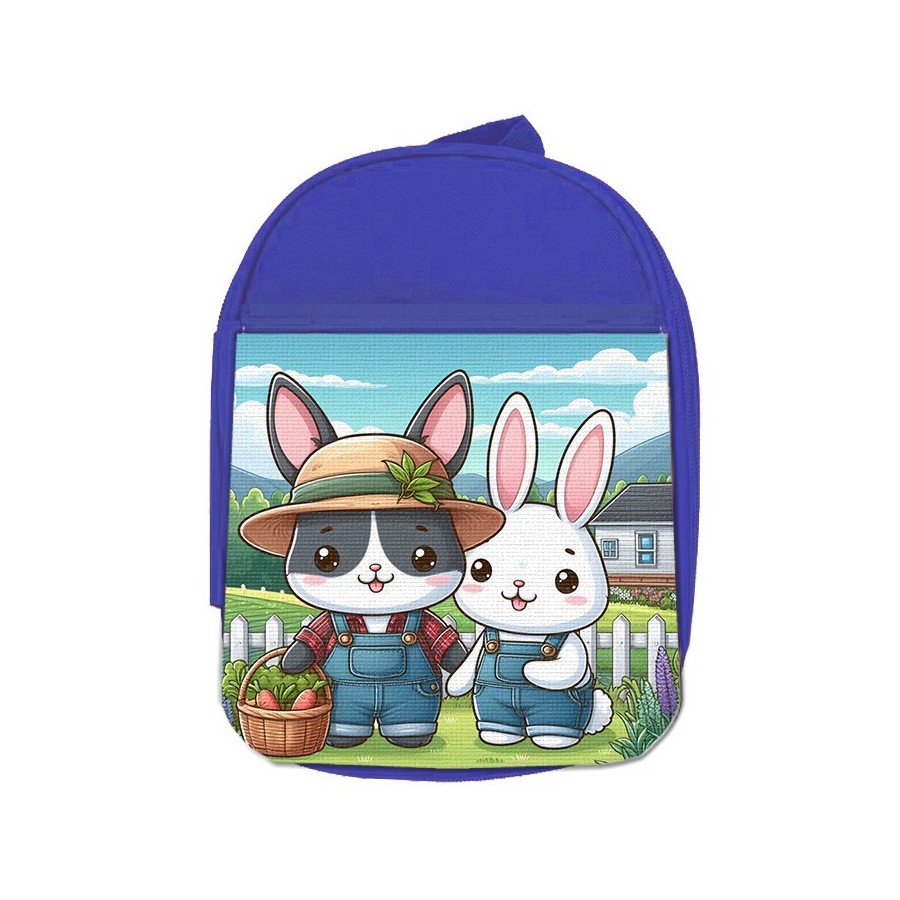 MOCHILA AZUL conejo familia profesion granjero rancho animales escolar personalizado picnic excursión deporte