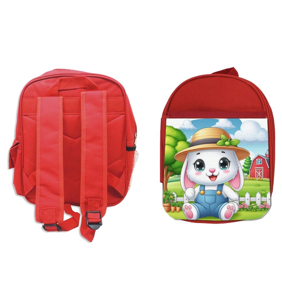 MOCHILA ROJA conejo granjero profesion animal rancho cultivo escolar personalizado