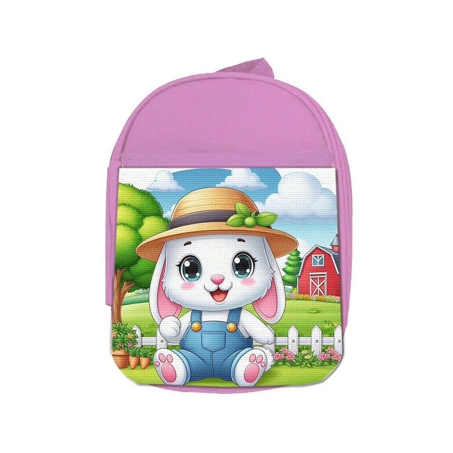 MOCHILA ROSA conejo granjero profesion animal rancho cultivo escolar personalizado picnic excursión deporte