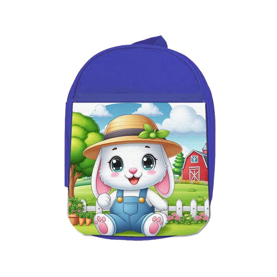 MOCHILA AZUL conejo granjero profesion animal rancho cultivo escolar personalizado picnic excursión deporte