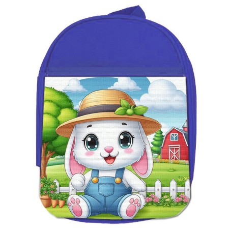 MOCHILA AZUL conejo granjero profesion animal rancho cultivo escolar personalizado picnic excursión deporte