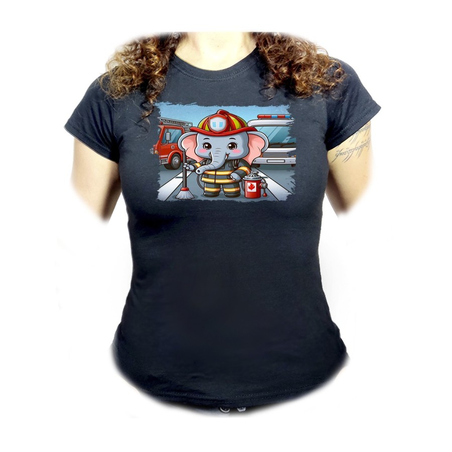 CAMISETA NEGRA MUJER elefante bombero profesion emergencia salvamento oferta personalizada