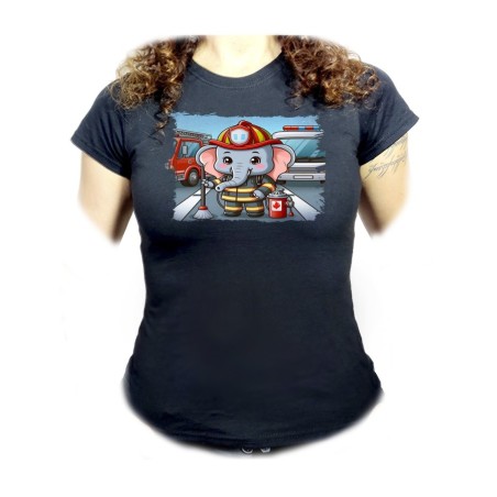 CAMISETA NEGRA MUJER elefante bombero profesion emergencia salvamento oferta personalizada