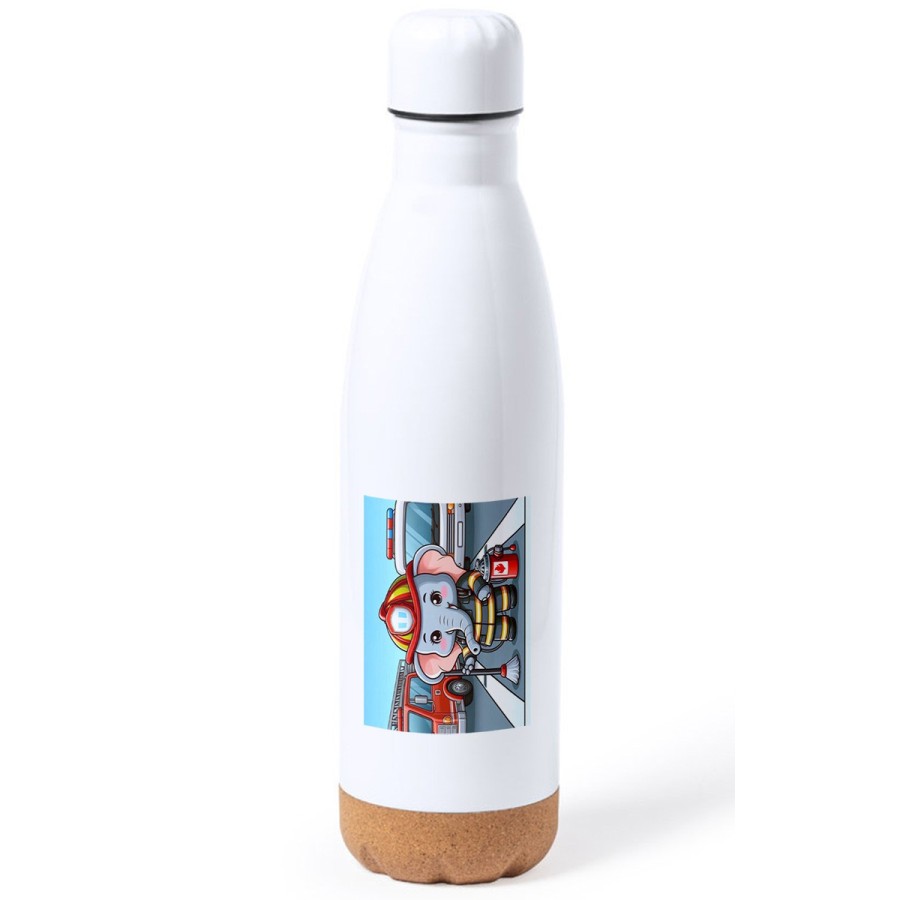 BIDON 750 ML ACERO INOXIDABLE ADORNO DE CORCHO elefante bombero profesion emergencia salvamento tapon botella