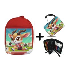 PACK MOCHILA ROJA Y ESTUCHE gacela deportista profesion juegos olimpicos material escolar