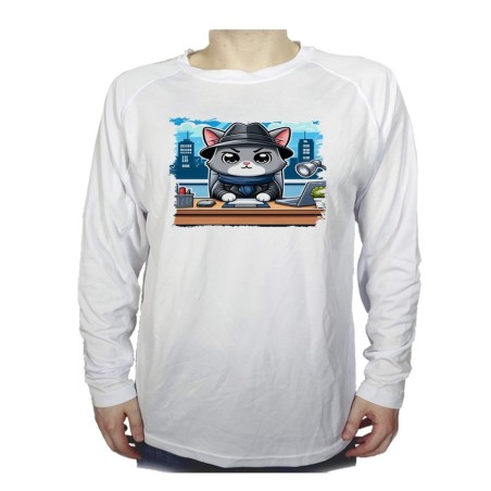 CAMISETA MANGA LARGA gato detective profesion espia mascota animal personalizada