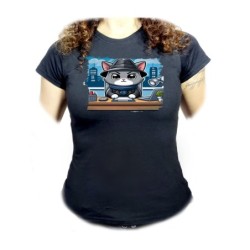 CAMISETA NEGRA MUJER gato...
