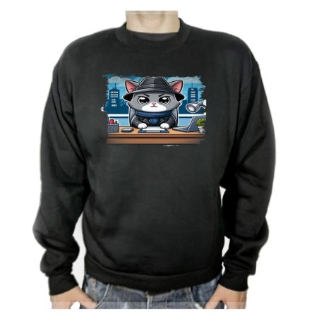 SUDADERA NEGRA gato detective profesion espia mascota animal adulto poliester algodón personalizada