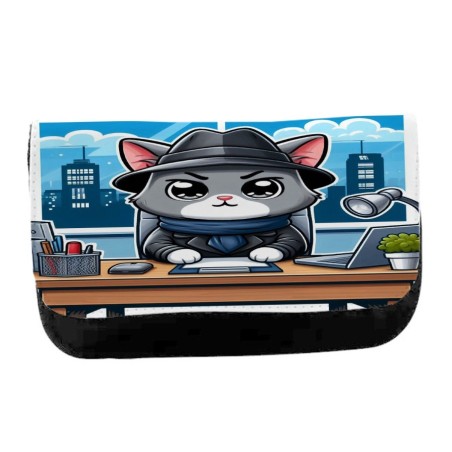 ESTUCHE NECESER DE LONA gato detective profesion espia mascota animal unisex negro bolsa aseo multiusos