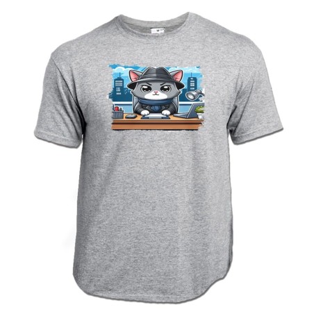 CAMISETA GRIS MEZCLA gato detective profesion espia mascota animal moda verano personalizada