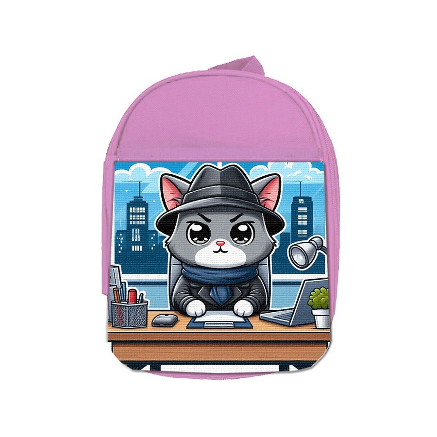 MOCHILA ROSA gato detective profesion espia mascota animal escolar personalizado picnic excursión deporte