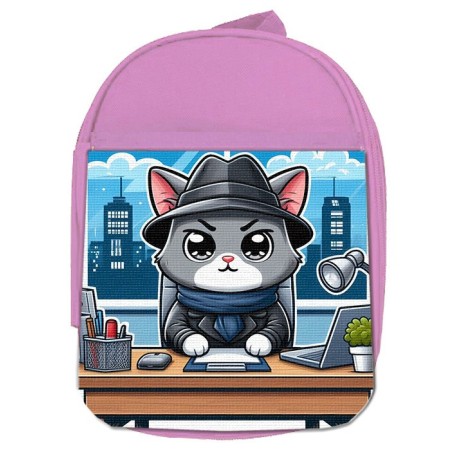 MOCHILA ROSA gato detective profesion espia mascota animal escolar personalizado picnic excursión deporte